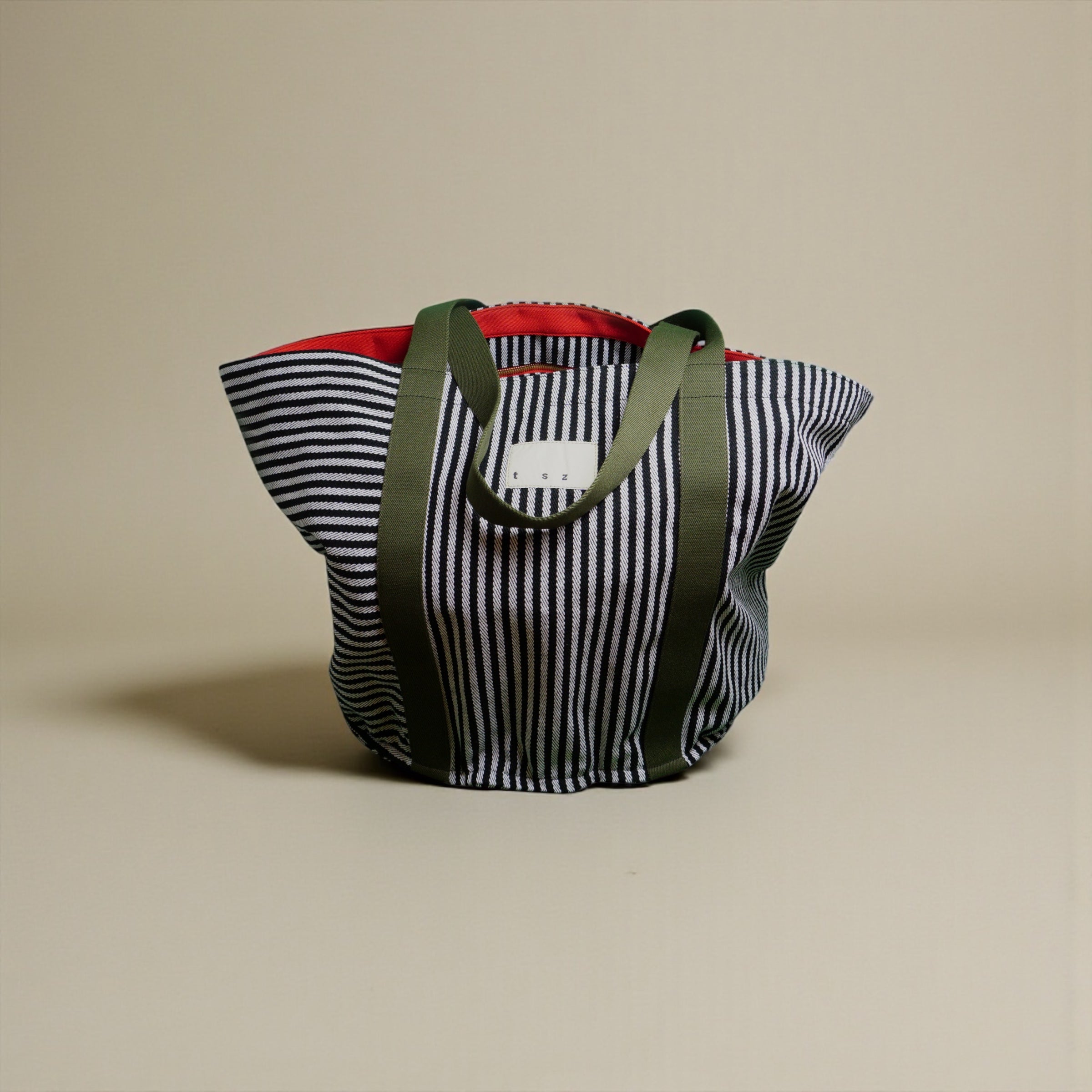 The Sailor black & white striped XL fabric tote bag - khaki & red strap detail