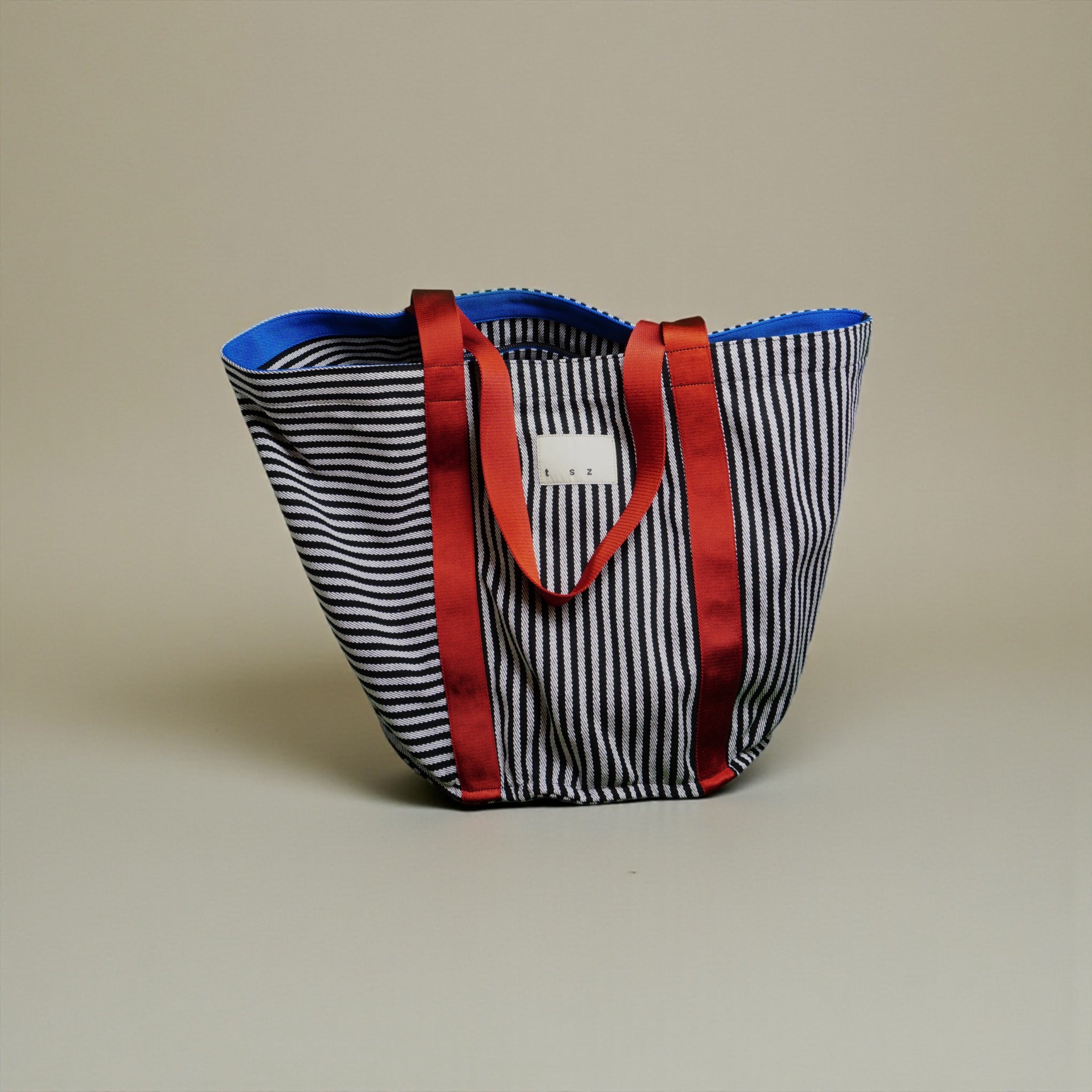 The Sailor black & white striped XL fabric tote bag - burgundy & royal blue strap detail