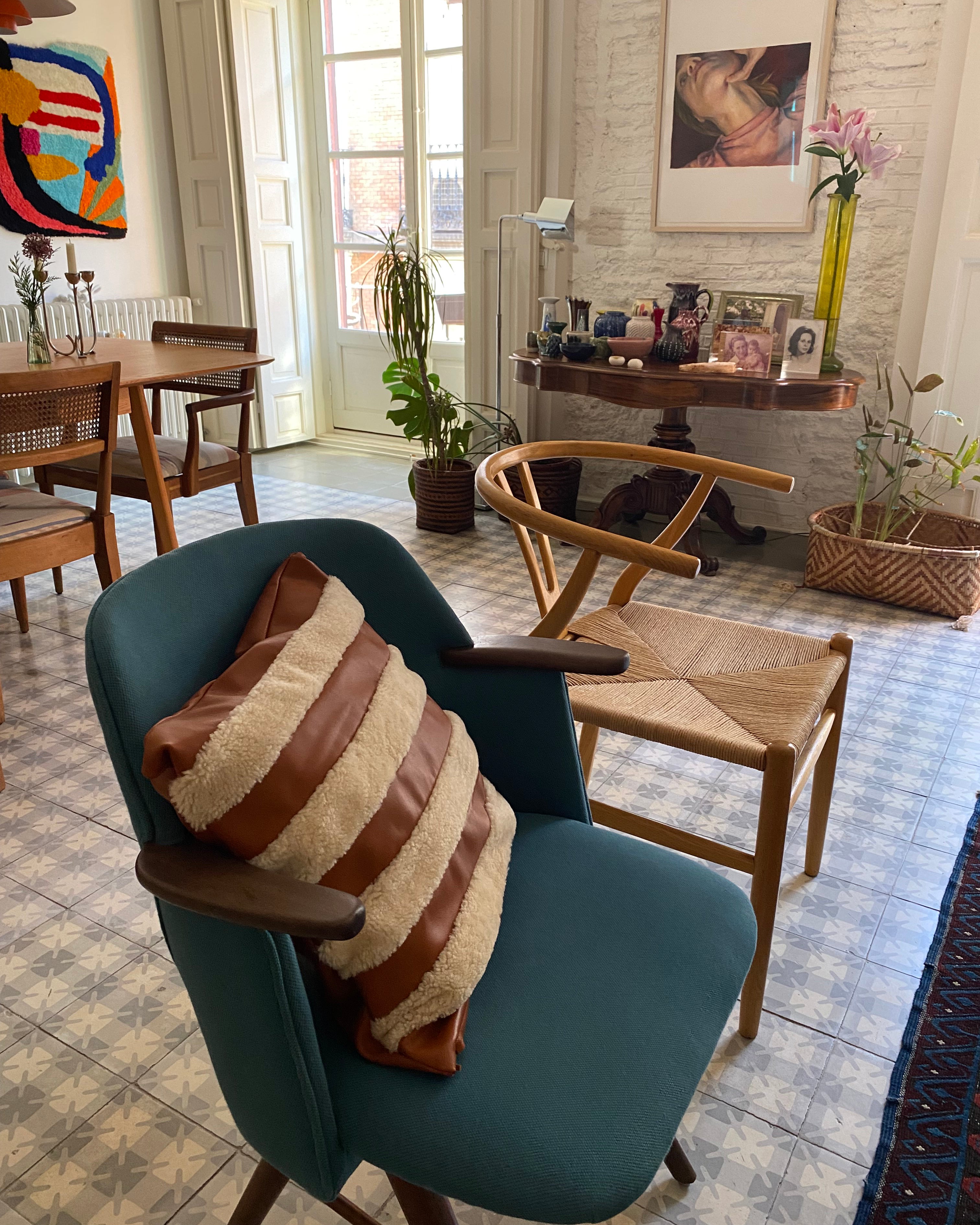 The Marinero tan leather and shearling pillow cover