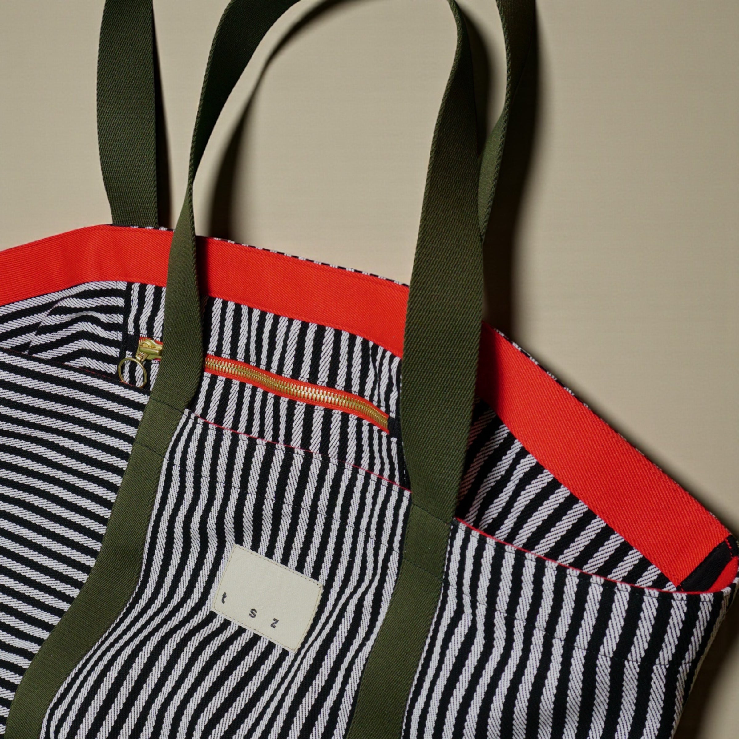 The Sailor black & white striped XL fabric tote bag - khaki & red strap detail